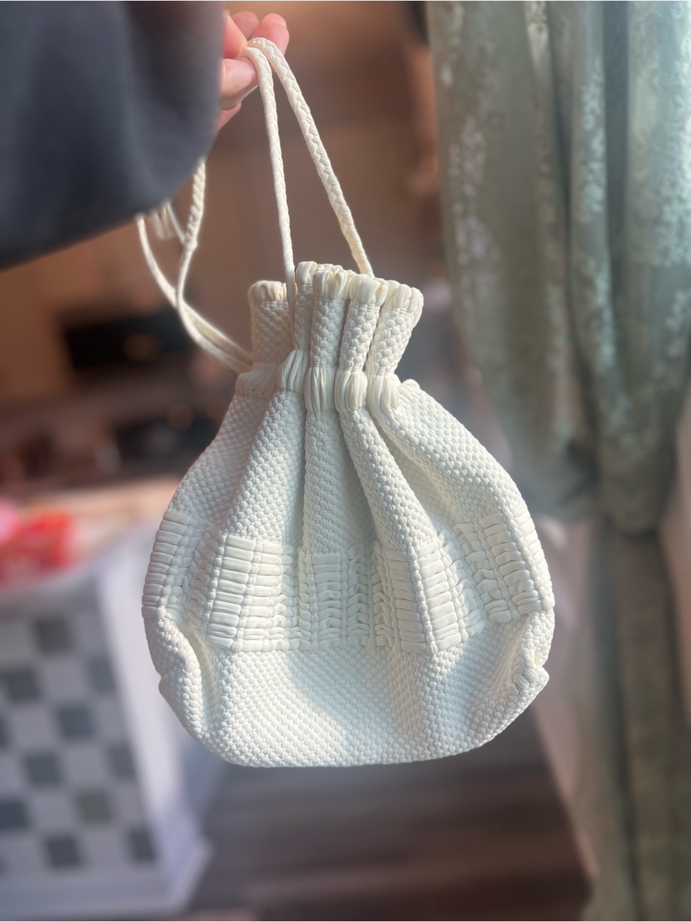 Cream Knit Drawstring Mini Bucket Bag